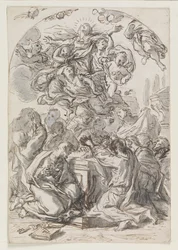 Hemelvaart van de Maagd; verso- Hoofd van een vrouw en kind